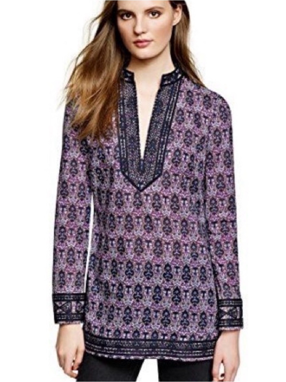 Tory Burch Purple Printed Long-Sleeve Tunic with Navy Trim